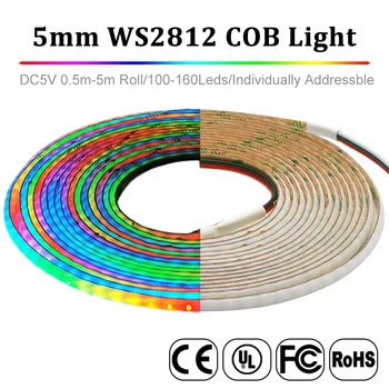 5V WS2812B RGBIC COB Led Traka 5 mm WS2812 Pojedinačno Adresabilna Fleksibilna 60 100 160 led/M Visoke Gustoće Dream Color Light Tape