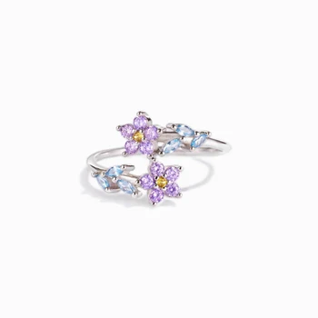 Bakra sjajna ljubičasta prsten s cvjetnim uzorkom CZ, geometrijski podesiva otvaranje prstena na prst za žene, prijateljice, angažman dekoracije za djevojčice