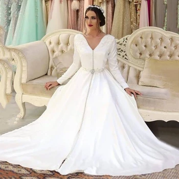 Bijela satiny kaftan, j haljina za majku mladenke, večernjih haljina s dugim rukavima i V-izrez, večernjih haljina iz Dubaija, Saudijskoj Arabiji