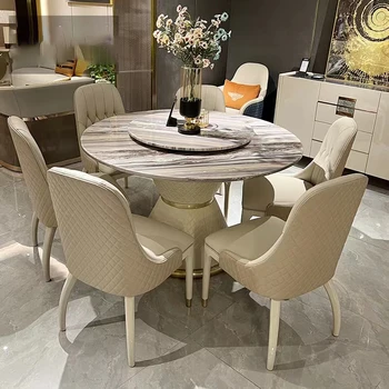 Blagovaona set premium kvalitete: okrugli stol MANBAS od nehrđajućeg čelika i 6 stolica od prave kože, namještaja za domaće kuhinje