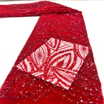 Crvena cvjetne čipke tkanina s francuskim šljokicama 2023, visoke kvalitete zrna ručni rad, нигерийская cvjetne čipke tkanina, afrički tila, cvjetne čipke tkanina za večernja haljina