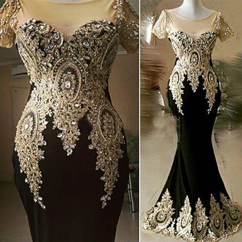 Elegantne večernje haljine Sirena crne boje kratkih rukava dužine do poda, kristali, perle, zlato čipka aplicirano, ženske duge haljine za maturalnu večer
