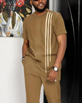 Godišnji Novi muško odijelo u afričkom stilu kratkih rukava Jednostavnog dizajna, majica okruglog izreza + Hlače, Vanjska odjeća iz dva predmeta, Veličine Оверсайз