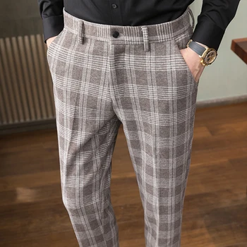 Gospodo službeni hlače u korejskom stilu, gospodo, smeđi klasični kariranih odijelo hlače, muške casual muška odjeća, poslovni tanke office hlače