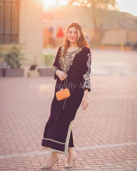Ljubičasti baršun haljine za maturalne s dugim rukavima i okruglog izreza, izvezena perle, aplicirano dužine do ankles, саудовские arapski ženske večernje haljine za službena zurke