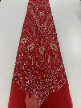 Luksuzna Crveni afrički cvjetne čipke tkanina sa šljokicama i perlicama 2023, kvalitetna čipka, 5 metara, francuska cvjetne čipke tkanina, nigerijski držači tkanina za haljine
