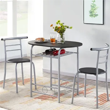 Moderan Trpezarijski Set Alden Design 3pcs s 1 Okrugli stol i 2 Stolice za Dom, Crna blagovaona stol postavljen