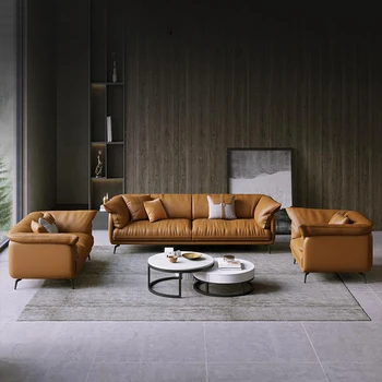 Moderni minimalistički kožni kauč za dnevni boravak, set za lijenu apartmani, kombinirani s 3 sjedala kauč u skandinavskom stilu, velike namještaj Divano za cijelo tijelo