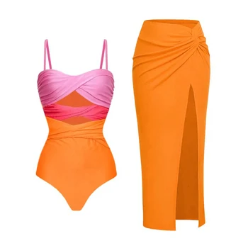 Modni odbojka na jednodijelni kupaći kostim sa šarenim blokovima, torbica, 2023, ženski kupaći kostim za novi upis
