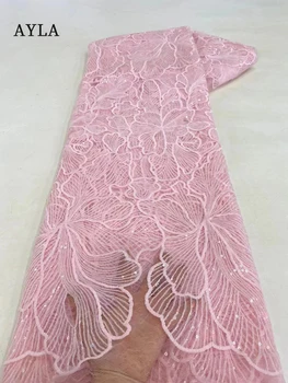 Najnoviji ružičaste cvjetne čipke tkanine vezene na тюлевой mrežu, afrička нигерийская tkanina sa šljokicama, držači materijala za ženske šivanje, 5 metara