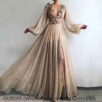 Nova večernja haljina sa cvijećem, V-izrez, расшитое perle, šljokice, trapeznog oblika, Dubai, arapski večernje haljine s dugim rukavima, gradacija haljine