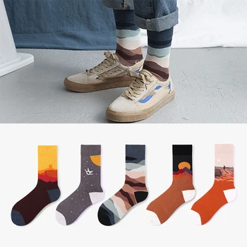 Nove čarape od čistog pamuka s dugim штапелями, trend čarape s grafitima u planinama i na rijeci, od čistog pamuka, šarene personalizirane čarape-cijevi, u paru čarape