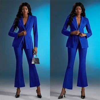 Plavi ženski kostim, u kompletu, sportska jakna + hlače spaljene, 2 komada, seksi V-oblika dekoltea, proljeće službeni uredski haljina za prom, kaput, jakna je na red ženski kostim