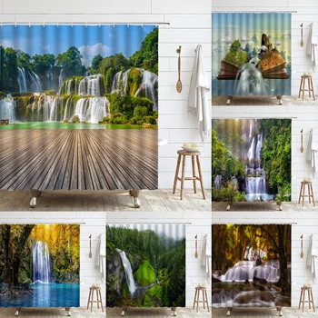 Prirodne krajolike Falls tuš zavjese Zelene šume Drveni most Krajolik Jezero Dekor kupatilo Vodootporna tkanina setove zavjese