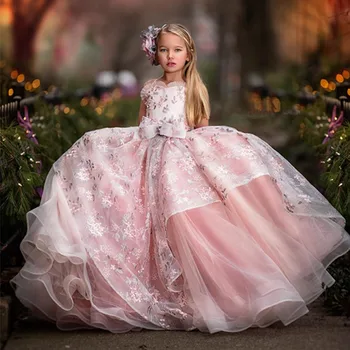 Rose loptu haljina s biserima, haljine s cvjetnim uzorkom za djevojčice, haljine za vjenčanja, multi-level svečane haljine s urezima, haljina za prvu pričest
