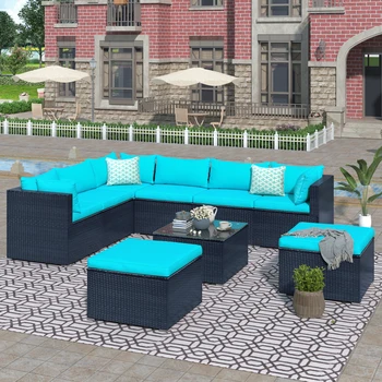 Setovi sekcijska sofe za razgovor od šibe ratana za vrt na otvorenom od 9 predmeta, koji se sastoji od 3 sofe, 3 Ugaone sofe, 2 Пуфиков i 1 površine