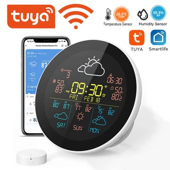 Tuya WiFi Vremenski Sat, vremenska Prognoza za 3 Dana vremenska stanica Bežični Pametan Termometar Hygrometer Daljinski Senzor Alarm