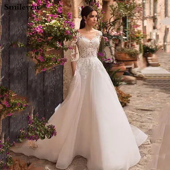 Vjenčanica Smileven dugi rukav 3/4, djeveruša haljina u stilu boho za žene, трапециевидное haljinu boje slonovače s čipkastim aplikacije, bogata svadba haljina od tila 2020