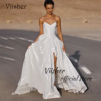 Vjenčanice Viisher s bijelim naborima, satin трапециевидные vjenčanice, seksi plaža vjenčanje haljine s prorezom na nogama, duge djeveruša haljina s otvorenim leđima