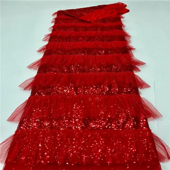 Vjenčanje cvjetne čipke tkanina Red Gold Line, afrički francuski tila, cvjetne čipke tkanina, 3D cvijeće, vez za čipke s šljokice, večernja haljina u stilu nigerijskom