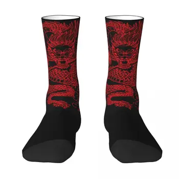 Čarapa R360, crveni, kineski zmaj sa crnom pozadinom, klasične, najbolje za KUPNJU, zabavne, berba, novo, elastične čarape za pješaštva