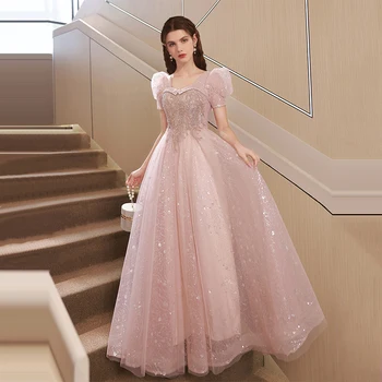 Čipka aplicirano LAMYA, večernje haljine kratkih rukava, ružičasta haljina za prom trapeznog oblika na red, smještaj za haljinu s bisernom patent zatvarač