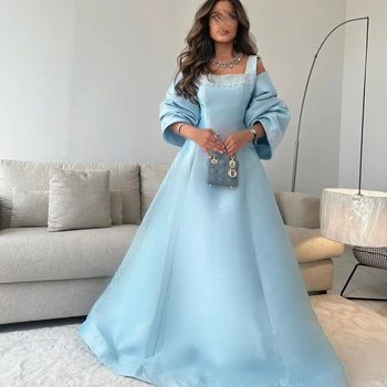 Каролинский kvadratnom ovratnik trapeznog oblika, sky-blue satin večernje haljine, ženske haljine za goste iz Saudijske Arabije, držači vjenčanje elegantne večernje haljine
